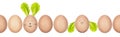 Close-up photo of henÃ¢â¬â¢s eggs with eggshell texture in a row. Funny Easter bunny and chicken made of eggs and salad leaves.